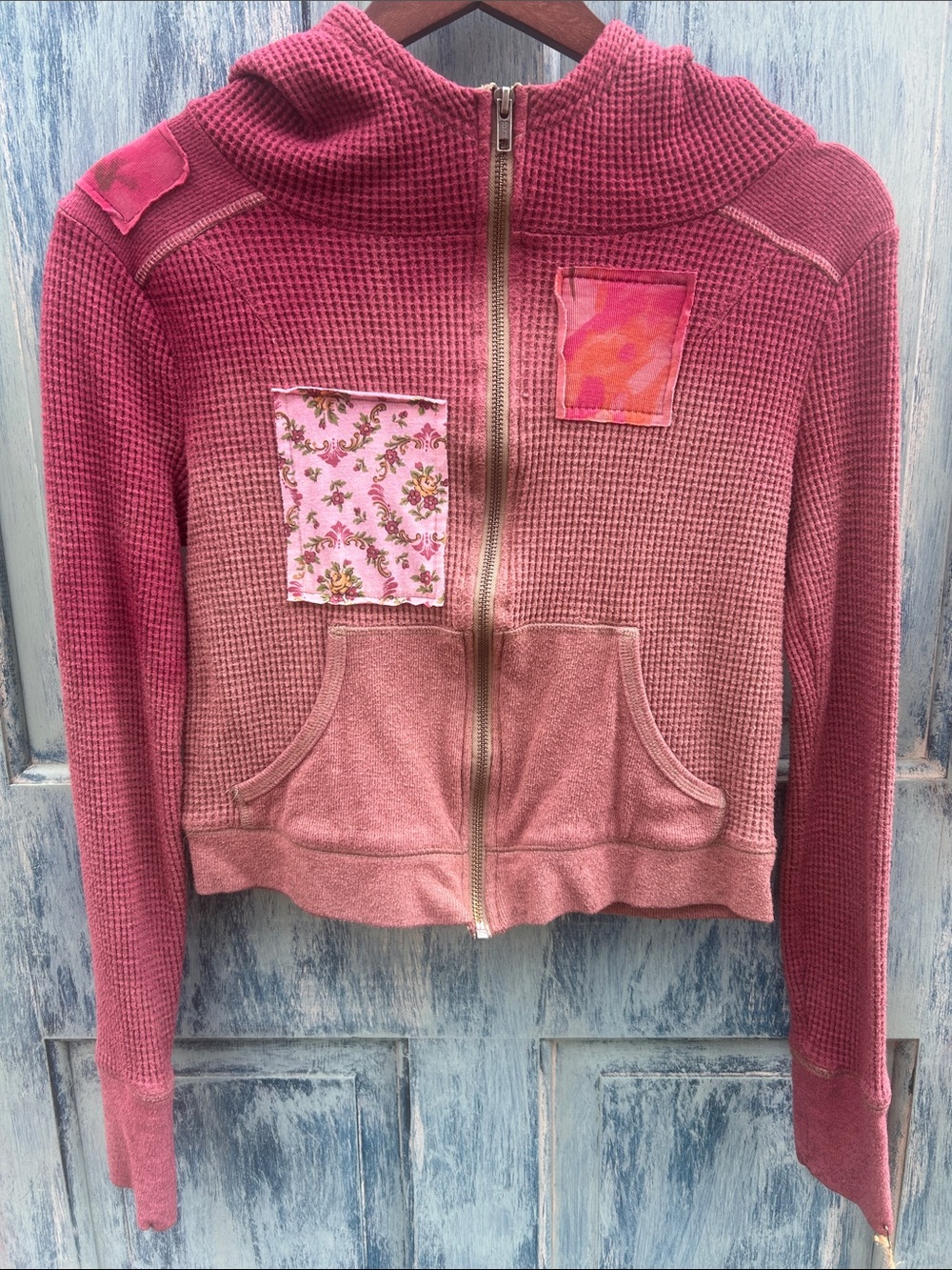 Upcycled out from under cropped thermal ombré Breathe Carolina patched hoodie